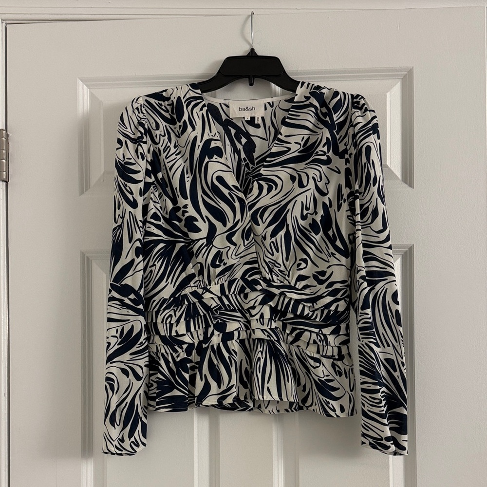 ba&sh Navy and White Abstract Blouse